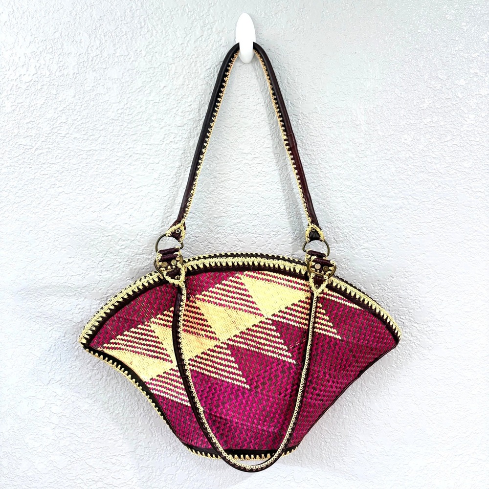 Boho Woven Straw Fan Shaped Shoulder Bag Magenta Geometric Artisanal Tote